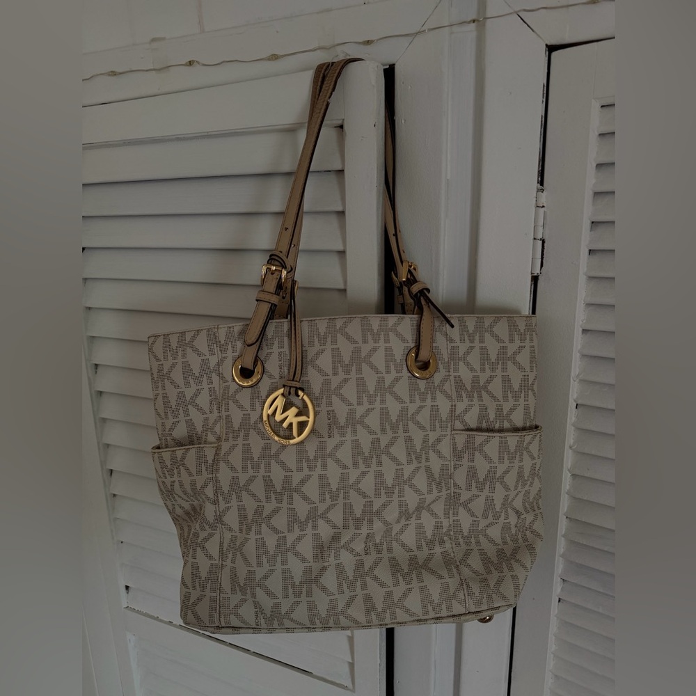 Michael Kors Monogram Beige Tote with Gold Accents